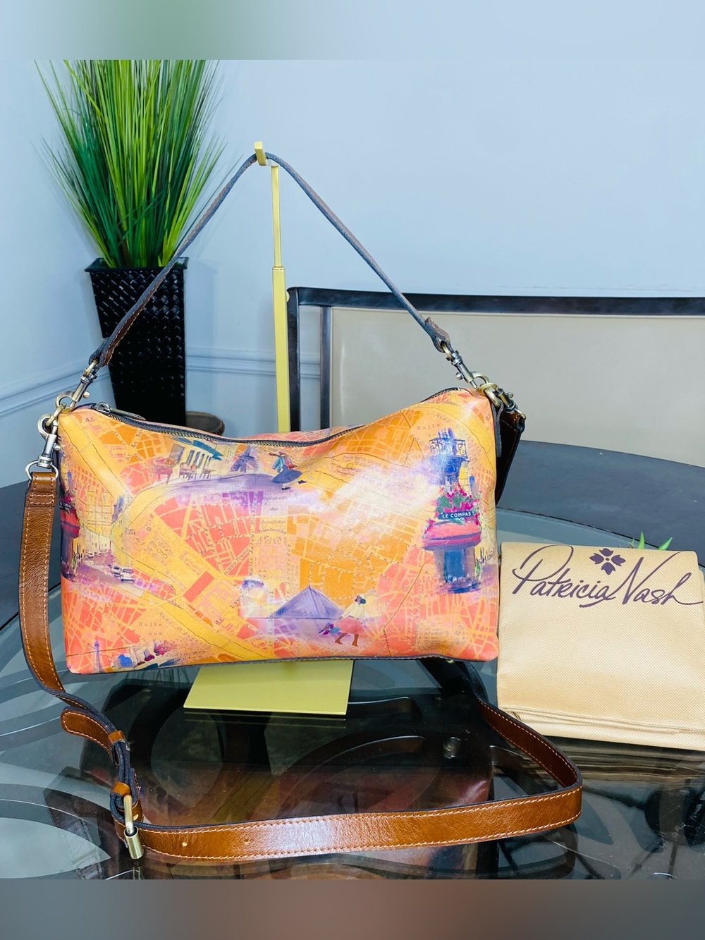 Patricia Nash Maura Leather Crossbody Shoulder Bag Paris Map Print Orange NWOT